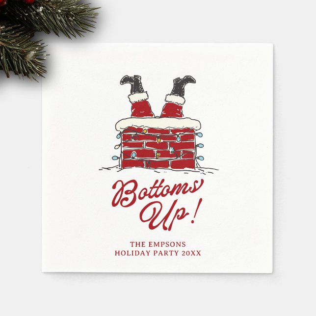 Guardanapo De Papel Acento engraçado de coquetel de Natal Santa Bottom (Square cocktail napkin with Santa upside-down in a chimney, fun “Bottoms Up!” red lettering)