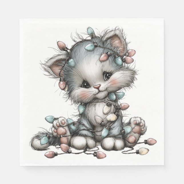GUARDANAPO DE PAPEL ADORABLE HOLIDAY CHRISTMAS KITTEN WITH LIGHTS (Frente)