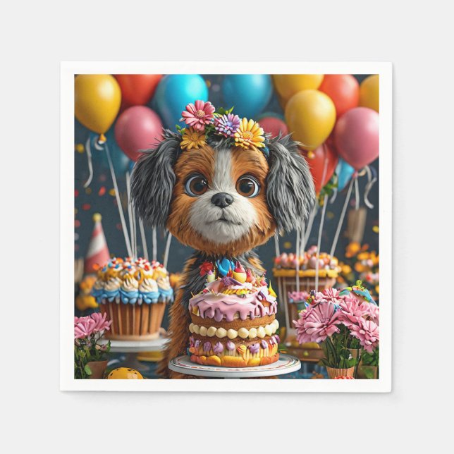 Guardanapo De Papel Adorável Cachorrinho Comemora Aniversário (Frente)