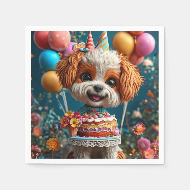 Guardanapo De Papel Adorável Cachorrinho Comemora Aniversário (Frente)