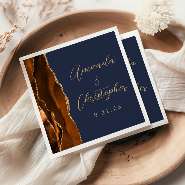 Guardanapo De Papel Agate Burnt Orange Script Marinho Blue Weding (Criador carregado)