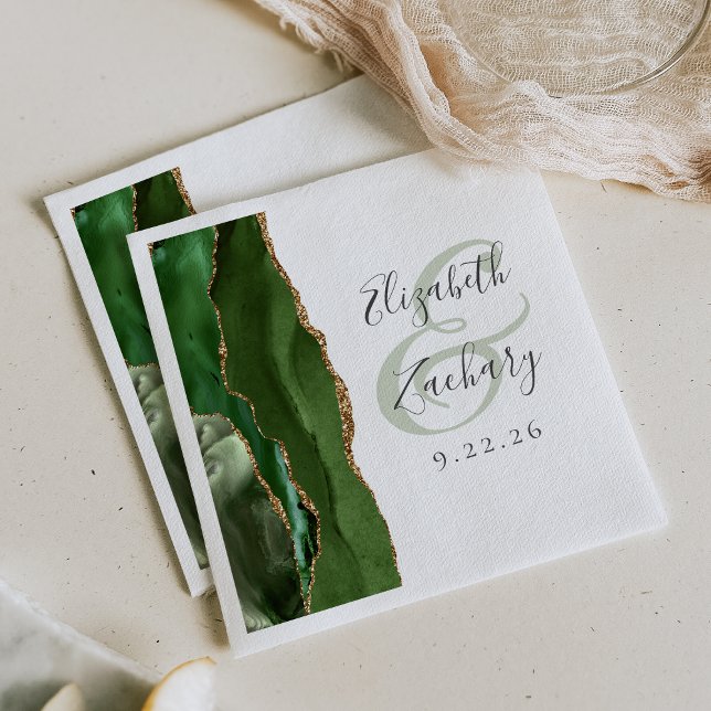 Guardanapo De Papel Agate Geode Script Hunter Verde Dourado Casamento (Criador carregado)