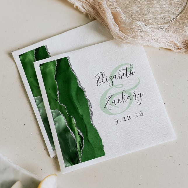 Guardanapo De Papel Agate Geode Script Hunter Verde Prata Casamento (Criador carregado)