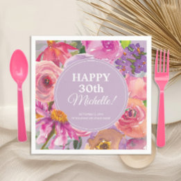 Guardanapo De Papel Aguarela Floral Rosa Roxo Aniversário de 30 anos