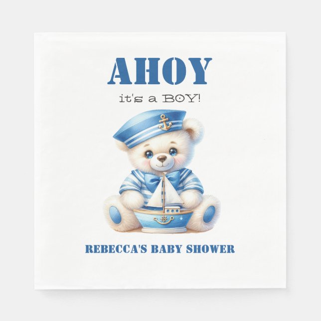 Guardanapo De Papel Ahoy Chá de fraldas Náutico Blue Sailor Bear Boy (Frente)