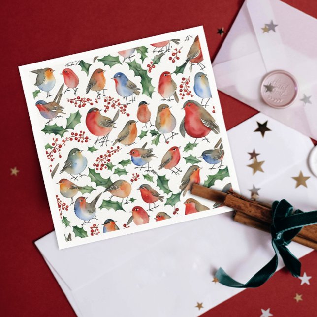 Guardanapo De Papel Alegre Pássaro Robin de Natal Vermelho Verde Aquar (Criador carregado)