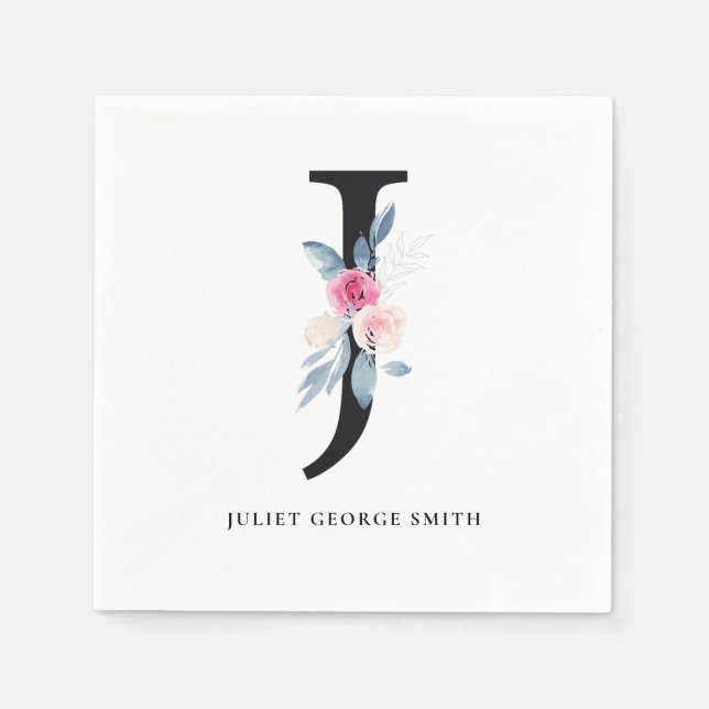 GUARDANAPO DE PAPEL ALFABETES FLORAIS BRANCOS AZUIS E SUAVES LETRA J (Frente)