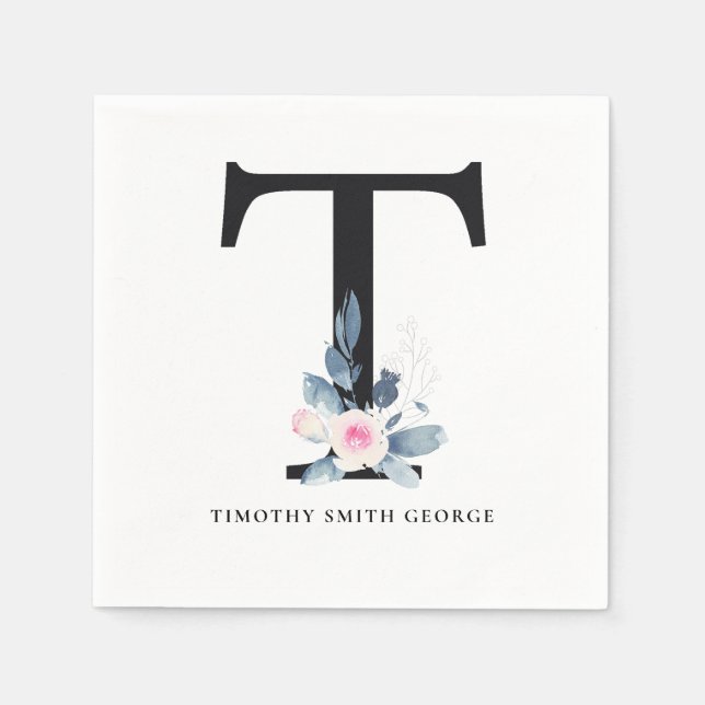 GUARDANAPO DE PAPEL ALFABETES FLORAIS BRANCOS, AZUIS E SUAVES, LETRA T (Frente)