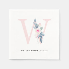 GUARDANAPO DE PAPEL ALFABETES FLORAIS BRANCOS AZUIS E SUAVES LETRA W
