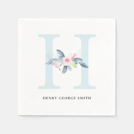 GUARDANAPO DE PAPEL ALFABETES FLORAIS BRANCOS AZUIS SUAVES LETRA H
