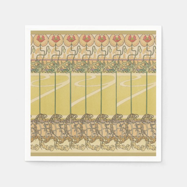 Guardanapo De Papel Alfonse Mucha Poppies Art Nouveau Floral Wallpaper (Frente)