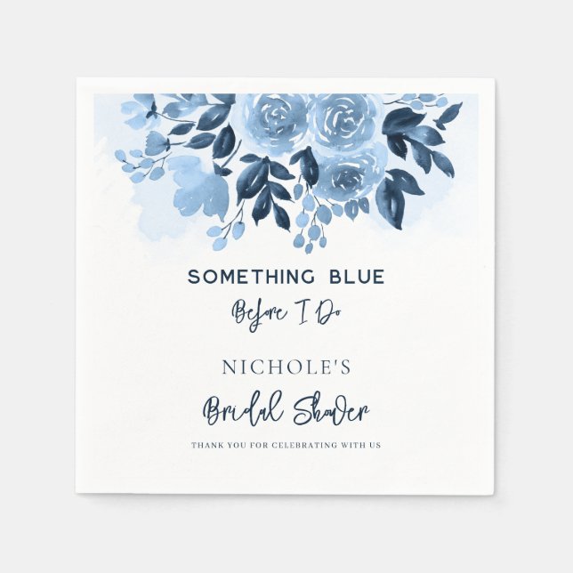 Guardanapo De Papel Algo Azul Floral Script Papel de Noiva Shower (Frente)