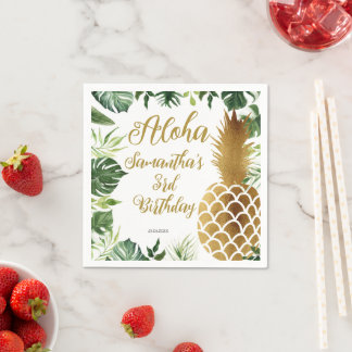 Guardanapo De Papel Aloha Birthday Luau Havaiano Dourado Abacaxi