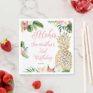 Guardanapo De Papel Aloha Birthday Luau Havaiano Dourado Abacaxi