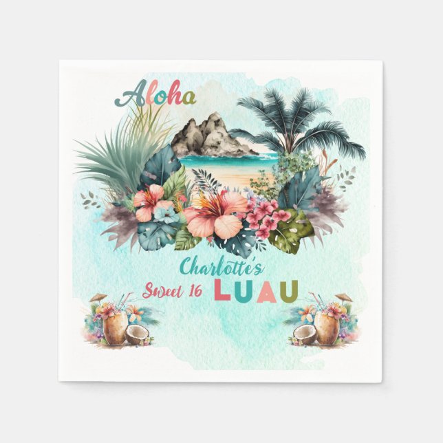 Guardanapo De Papel Aloha Luau Tropical Island Beach Sweet 16 Party (Frente)