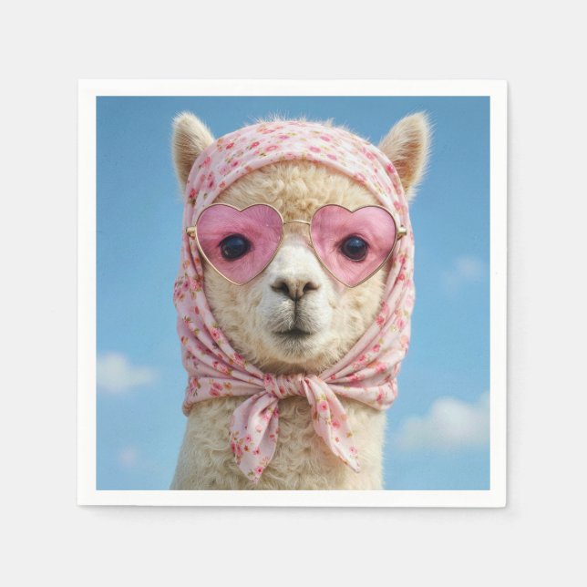 Guardanapo De Papel Alpaca Usando Lenço na Cabeça e Óculos de Sol (Frente)