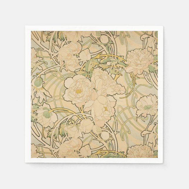 Guardanapo De Papel Alphonse Mucha Peonies Peony Rosa Fawn 1897 (Frente)