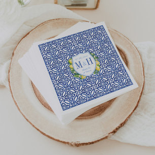 Guardanapo De Papel Amalfi Lemons Azulejo Azul Casamento de Monograma