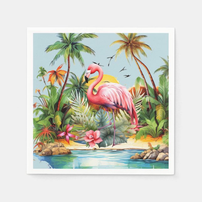 Guardanapo De Papel Amantes de flamingos cor-de-rosa de praia fofos (Frente)