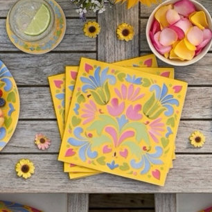 Guardanapo De Papel Amarelo Ensolarado e Floral de Verão Azul