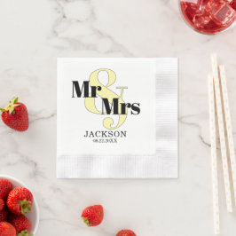 Guardanapo De Papel Amarelo Pastel e Preto Mr. & Mrs. Casamento