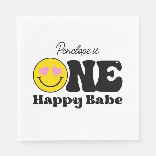 Guardanapo De Papel Amarelo rosa Um Bebê Feliz Primeiro Aniversário (Frente)