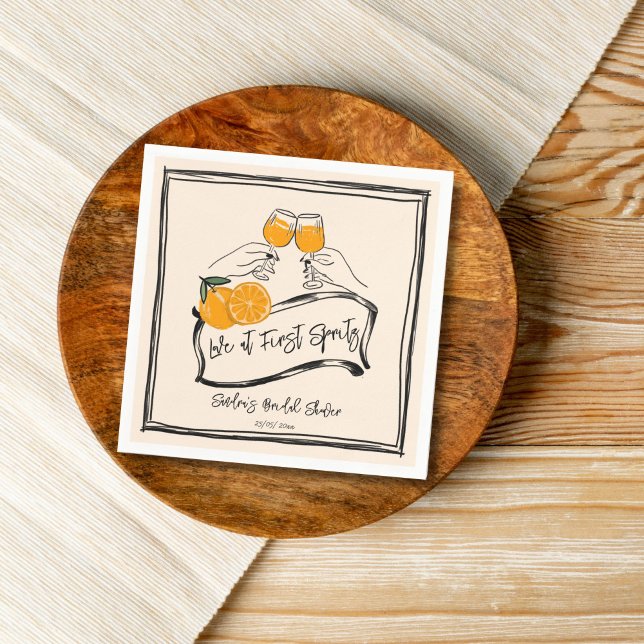 Guardanapo De Papel Amor à primeira dose retro laranja chá de panela d (Love at first spritz retro orange hand drawn sketch border bridal shower template napkins modern )