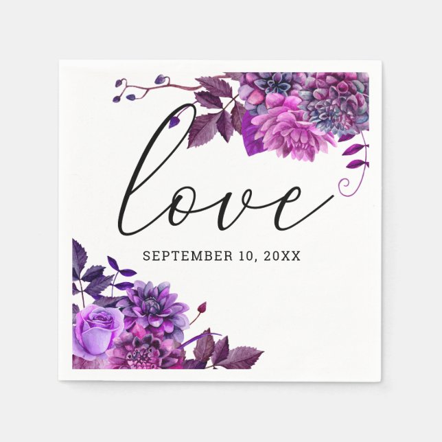Guardanapo De Papel Amor. Casamento de guião floral roxo de Aquarela (Frente)