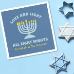 Guardanapo De Papel "Amor e Luz" Judeu Oito Noites em Hanukkah<br><div class="desc">Adicione um pouco de calor e tradição às suas reuniões de Chanucá com estes guardanapos "Amor e Luz Todas as Oito Noites". Apresentando um fundo azul macio, uma ilustração menorah brilhante e um texto personalizável de nome de família, estes guardanapos são perfeitos para jantas familiares, festas de férias ou qualquer...</div>