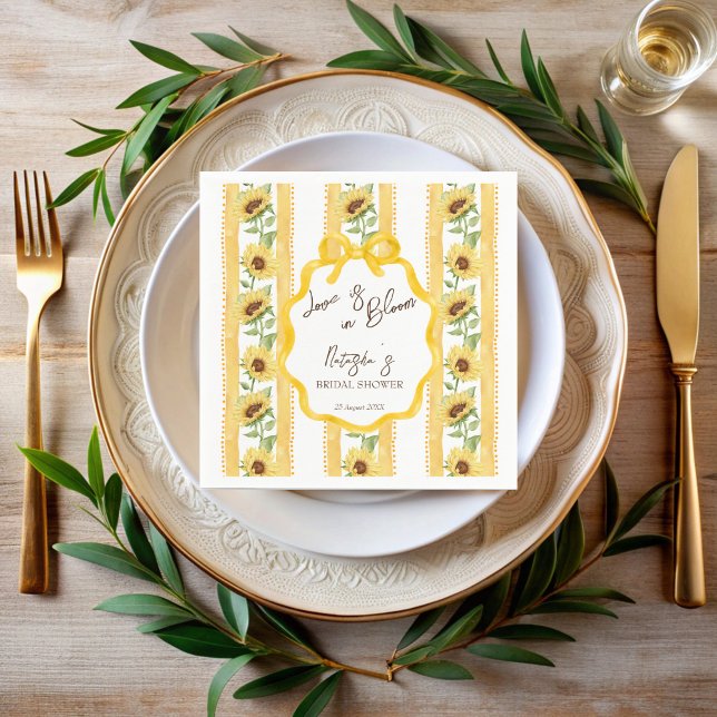 Guardanapo De Papel Amor em flor sunflowers chá de noiva monogramado (Love in bloom sunflowers grandmillenial yellow stripes bridal shower monogrammed napkins )