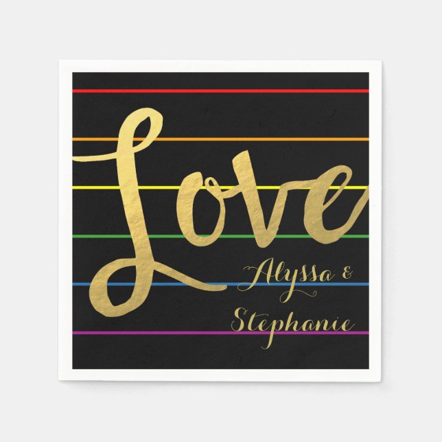 Guardanapo De Papel Amor Rainbow Pinstripe LGBT Faux Gold Foil (Frente)