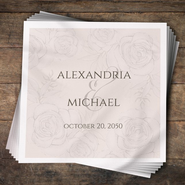 Guardanapo De Papel Ampersand de Script de Caligrafia Floral Elegante (Elegant floral blush calligraphy ampersand cocktail napkin.  )