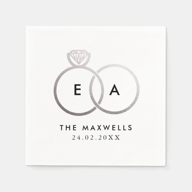 Guardanapo De Papel Anéis de Casamento Prateado Moderno Coquetel Napki (Frente)