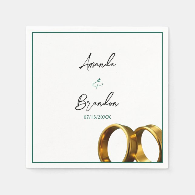 Guardanapo De Papel Anéis de Noiva Esmeralda Verde Dourado Chic (Frente)