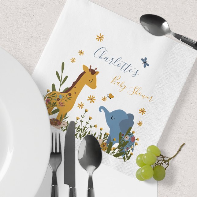 Guardanapo De Papel Animais Bebês Fofos Chá de Bebê Floral (Animals Giraffe Elephant Turtle Snail Baby Shower Napkins ©Susanne Sachers - Sunny Mind Design 🌞)