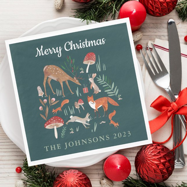 Guardanapo De Papel Animais da Floresta Natal Verde  (Cute Woodland Animals Green Christmas Napkins)