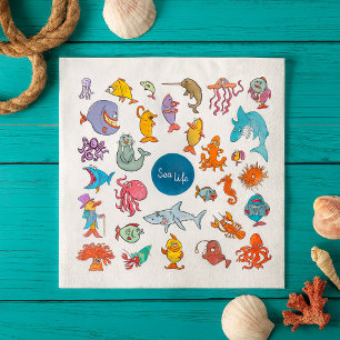 Guardanapo De Papel Animais da Vida Marinha Personagens Coloridos do O
