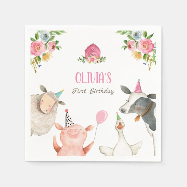 Guardanapo De Papel Animais de Fazenda Menina Zoo Aniversário Barnyard (Frente)