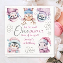 Animais de Inverno Cor-de-Rosa Fofos no 1º Anivers