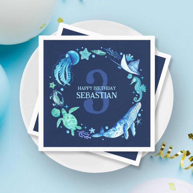 Guardanapo De Papel Animais do Oceano Náutico Moderno com Aquarela Azu (Modern Nautical Ocean Animals in Blue Watercolor Napkins)