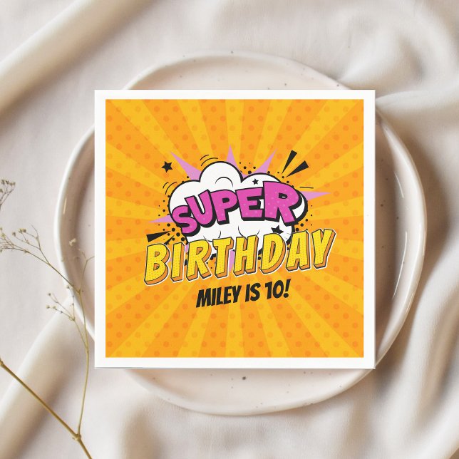 Guardanapo De Papel Aniversário bonito de super-heróis da revista em q (Girl's superhero personalized birthday napkin)