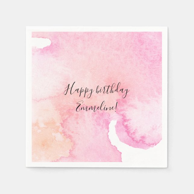 Guardanapo De Papel Aniversário bonito Pink Peach Watercolor (Frente)