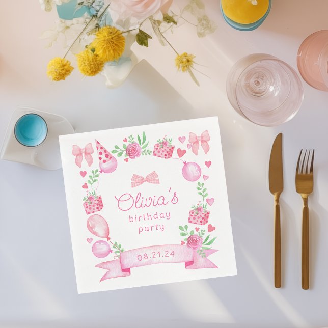 Guardanapo De Papel Aniversário da Arco Pink da Coquette (cute napkin for preppy pink coquette baby girl birthday parties)