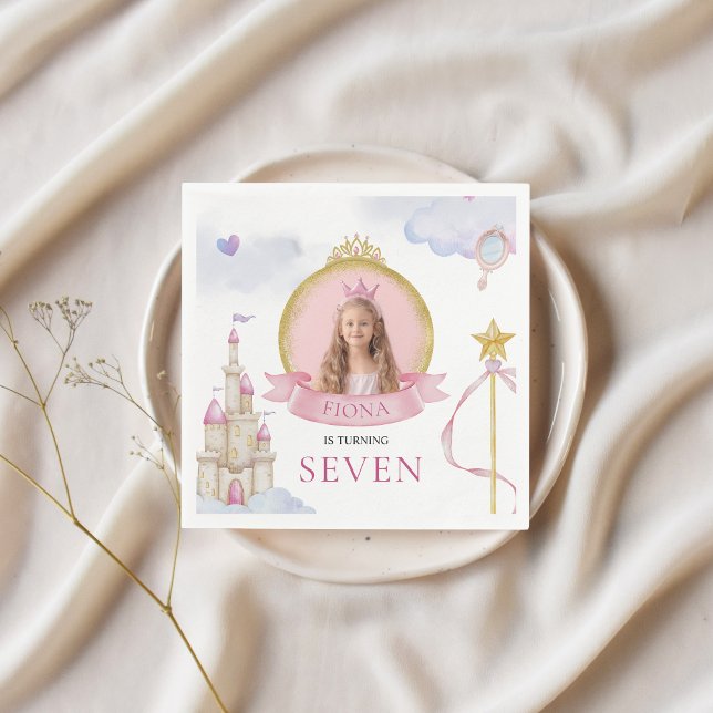 Guardanapo De Papel Aniversário da Foto da Menina Rosa-Rosa Fairytale (Custom Girl's Birthday Napkins Princess Fairytale Themed with Photo Whimsical Cute Modern Gold)