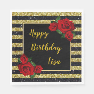 Guardanapo De Papel Aniversário Da Glitter Rosas vermelhas Douradas E