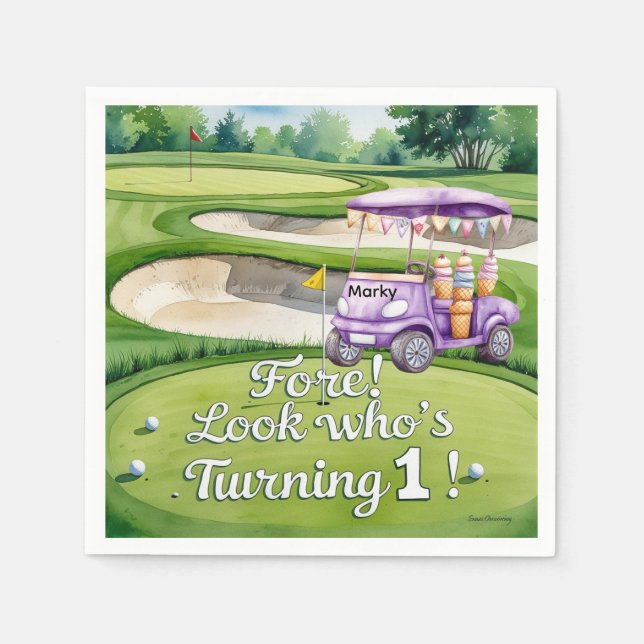 Guardanapo De Papel Aniversário da rua Golf 1 com Carrinho de Golfe em (Frente)