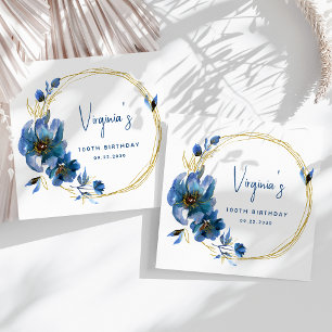 Guardanapo De Papel Aniversário de 100 anos Blue Gold Aquarela Floral