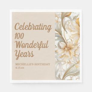 Guardanapo De Papel Aniversário de 100 anos Floral Dourado