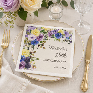 Guardanapo De Papel Aniversário de 18 anos em Floral Aquarela Roxo Ama