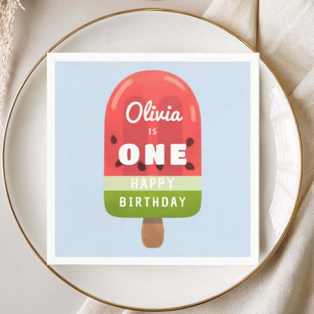Guardanapo De Papel Aniversário de 1 ano com Picolé de Melancia Fofo (Cute Watermelon Popsicle 1st Birthday Napkins)